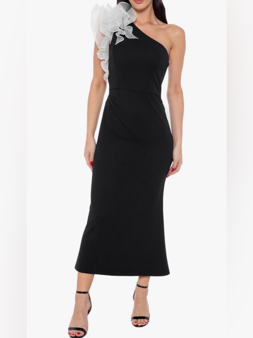 MARINA White Ruffle One Shoulder Cocktail Dress Black Midi Plus Size 2X